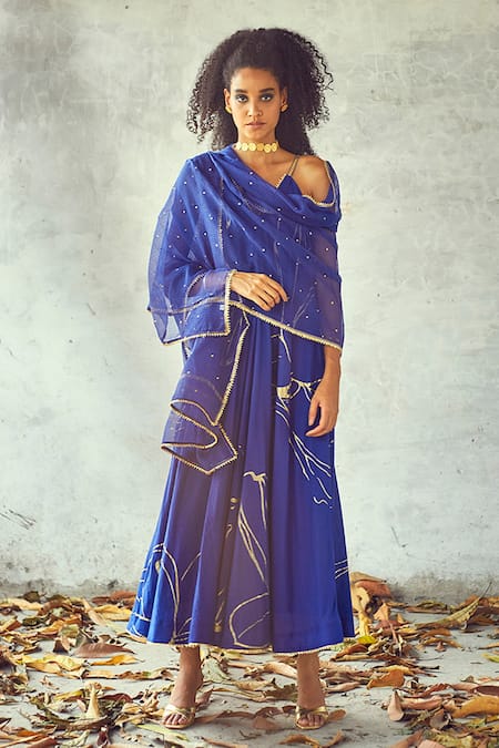 Shop Kharakapas Blue Cotton, Kota Doriya Floral V Neck Print Tunic With Dupatta Online at Aza Fashions Shop_Kharakapas_Blue Cotton, Kota Doriya Floral V Neck Print Tunic With Dupatta _Online_at_Aza_Fashions