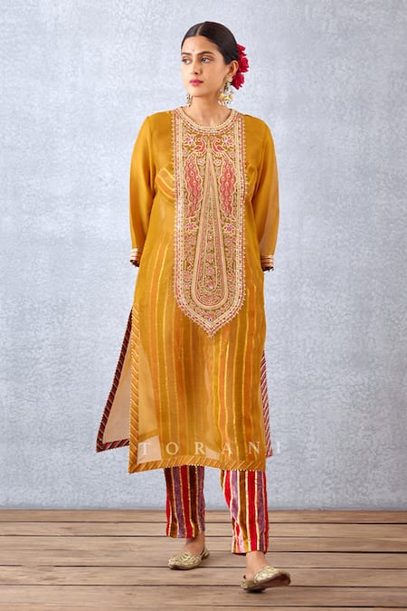 Torani_Yellow Inner And Pant Velvet & Kurta Aftaabi Revathi Sheer & Set _Online_at_Aza_Fashions