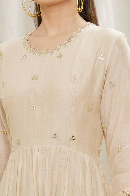 Shop Oshi By Shikha Beige Dupatta Pure Silk Organza, Kurta And Pant Cotton Embroidered Anarkali Set Online at Aza Fashions Shop_Oshi By Shikha_Beige Dupatta Pure Silk Organza, Kurta And Pant Cotton Embroidered Anarkali Set _Online_at_Aza_Fashions
