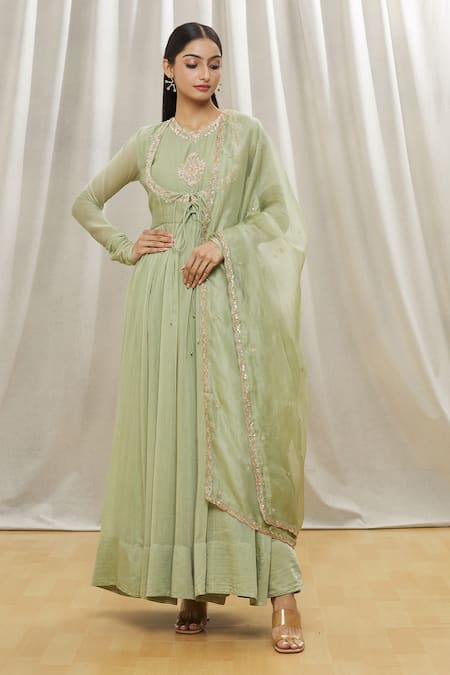 Buy Oshi By Shikha Green Chanderi Embroidered Anarkali Set Online | Aza ...