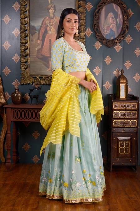 Abbaran_Green Cotton Silk Foil Print, Gota Patti, Mirror And Sequin Scoop Neck Lehenga Set _Online_at_Aza_Fashions