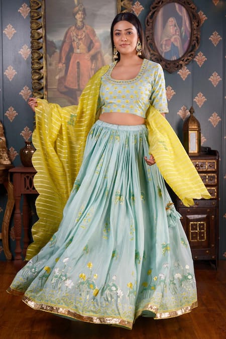 Buy_Abbaran_Green Cotton Silk Foil Print, Gota Patti, Mirror And Sequin Scoop Neck Lehenga Set _Online_at_Aza_Fashions