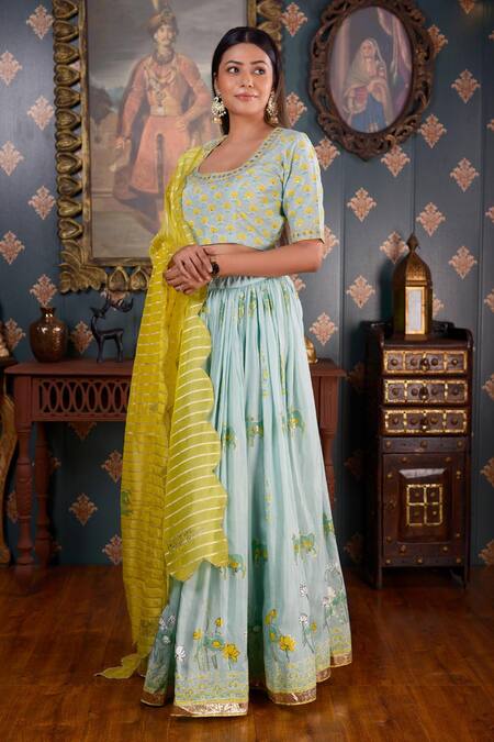 Shop_Abbaran_Green Cotton Silk Foil Print, Gota Patti, Mirror And Sequin Scoop Neck Lehenga Set _Online_at_Aza_Fashions