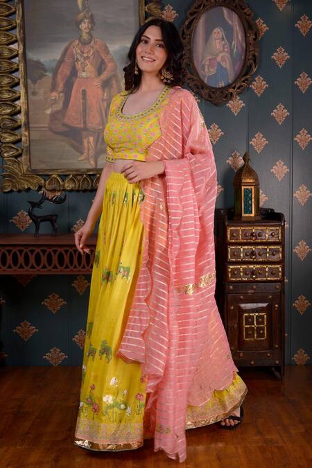 Shop_Abbaran_Yellow Cotton Silk Foil Print, Gota Patti, Mirror And Sequin Scoop Lehenga Set _Online_at_Aza_Fashions