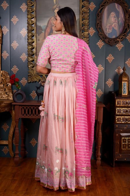 Shop_Abbaran_Pink Cotton Silk Foil Print, Gota Patti, Mirror And Sequin Scoop Neck Lehenga Set _at_Aza_Fashions