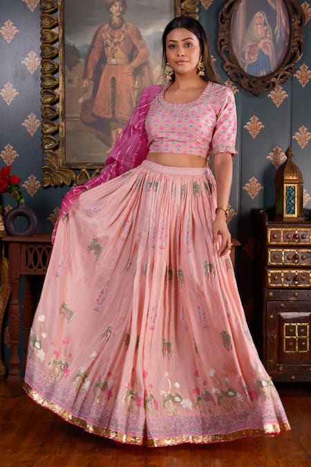 Buy_Abbaran_Pink Cotton Silk Foil Print, Gota Patti, Mirror And Sequin Scoop Neck Lehenga Set _Online_at_Aza_Fashions
