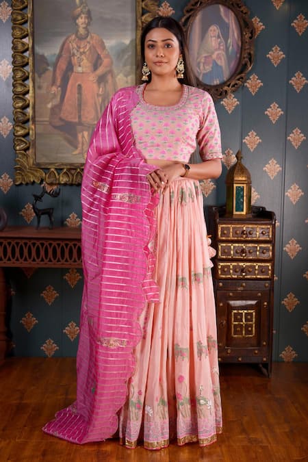 Shop_Abbaran_Pink Cotton Silk Foil Print, Gota Patti, Mirror And Sequin Scoop Neck Lehenga Set _Online_at_Aza_Fashions