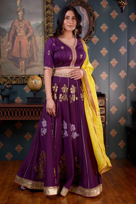 Buy Abbaran Yellow Cotton Silk Foil Print, Gota Patti And Sequin V Neck Lehenga Set Online at Aza Fashions Buy_Abbaran_Yellow Cotton Silk Foil Print, Gota Patti And Sequin V Neck Lehenga Set _Online_at_Aza_Fashions