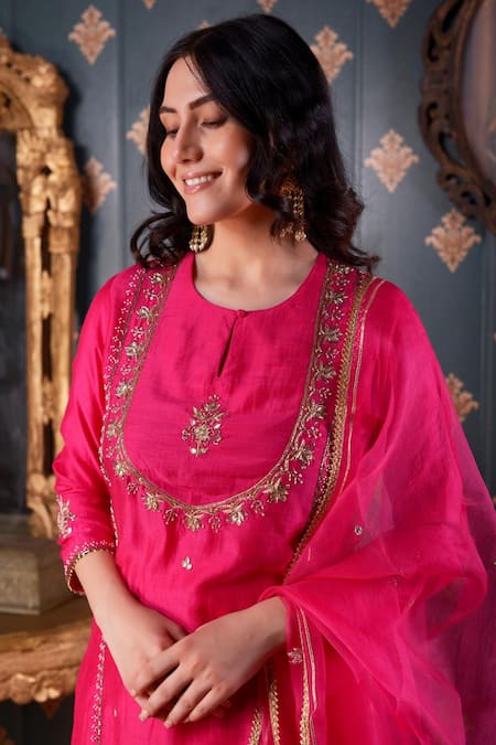 Shop_Abbaran_Pink Cotton Silk And Organza Thread & Gota Patti Round Kurta Pant Set_Online_at_Aza_Fashions