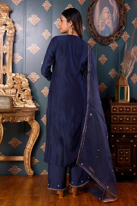 Shop Abbaran Blue Cotton Silk And Organza Thread & Gota Patti Round Kurta Pant Set at Aza Fashions Shop_Abbaran_Blue Cotton Silk And Organza Thread & Gota Patti Round Kurta Pant Set _at_Aza_Fashions