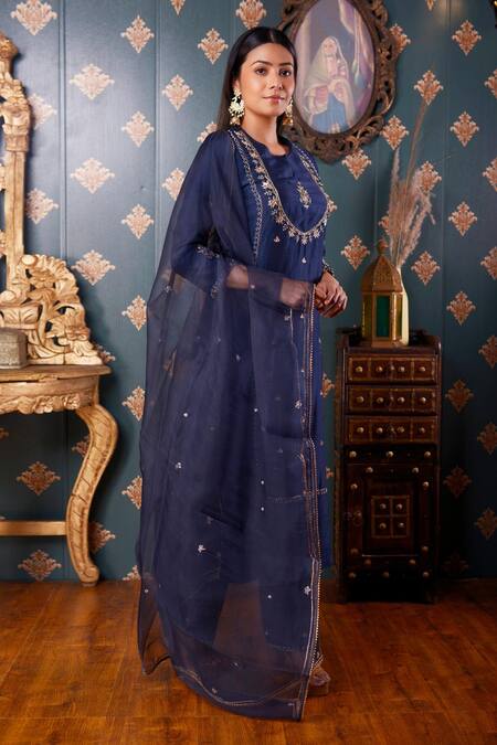 Abbaran Blue Cotton Silk And Organza Thread & Gota Patti Round Kurta Pant Set Online at Aza Fashions Abbaran_Blue Cotton Silk And Organza Thread & Gota Patti Round Kurta Pant Set _Online_at_Aza_Fashions