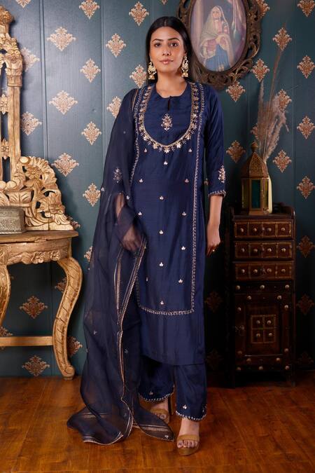 Buy Abbaran Blue Cotton Silk And Organza Thread & Gota Patti Round Kurta Pant Set Online at Aza Fashions Buy_Abbaran_Blue Cotton Silk And Organza Thread & Gota Patti Round Kurta Pant Set _Online_at_Aza_Fashions