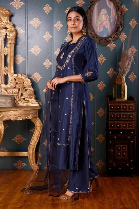 Shop Abbaran Blue Cotton Silk And Organza Thread & Gota Patti Round Kurta Pant Set Online at Aza Fashions Shop_Abbaran_Blue Cotton Silk And Organza Thread & Gota Patti Round Kurta Pant Set _Online_at_Aza_Fashions