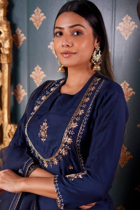 Abbaran Blue Cotton Silk And Organza Thread & Gota Patti Round Kurta Pant Set at Aza Fashions Abbaran_Blue Cotton Silk And Organza Thread & Gota Patti Round Kurta Pant Set _at_Aza_Fashions