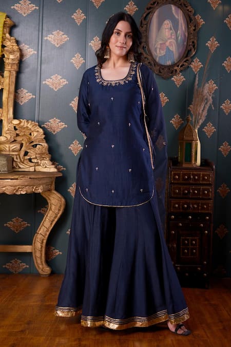 Buy_Abbaran_Blue Cotton Silk And Organza Thread & Gota Patti Square Neck Kurta Gharara Set _Online_at_Aza_Fashions