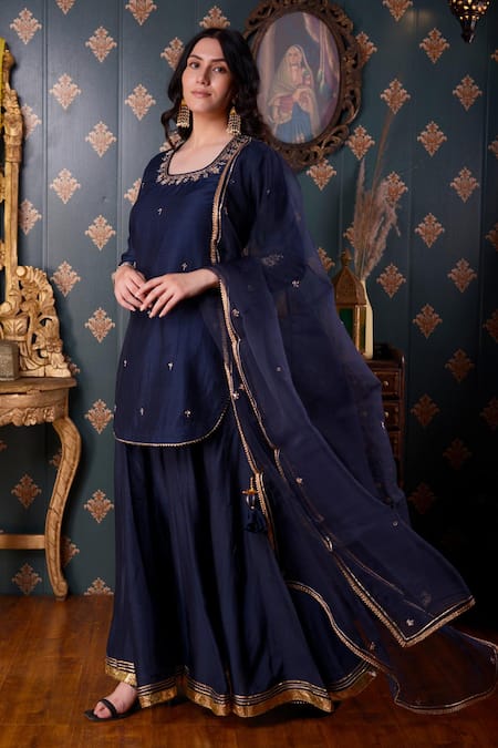 Shop_Abbaran_Blue Cotton Silk And Organza Thread & Gota Patti Square Neck Kurta Gharara Set _Online_at_Aza_Fashions