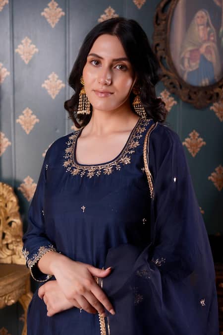 Abbaran_Blue Cotton Silk And Organza Thread & Gota Patti Square Neck Kurta Gharara Set _at_Aza_Fashions