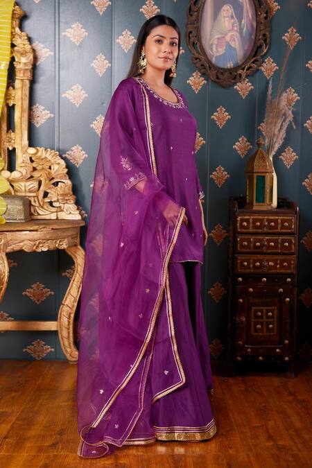 Abbaran_Purple Cotton Silk And Organza Thread & Gota Patti Square Neck Kurta Gharara Set _Online_at_Aza_Fashions