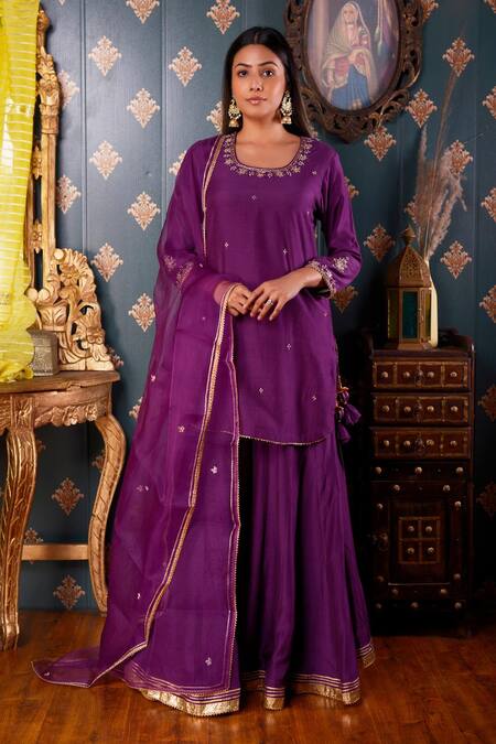 Buy_Abbaran_Purple Cotton Silk And Organza Thread & Gota Patti Square Neck Kurta Gharara Set _Online_at_Aza_Fashions