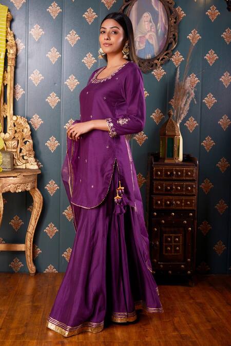 Shop_Abbaran_Purple Cotton Silk And Organza Thread & Gota Patti Square Neck Kurta Gharara Set _Online_at_Aza_Fashions