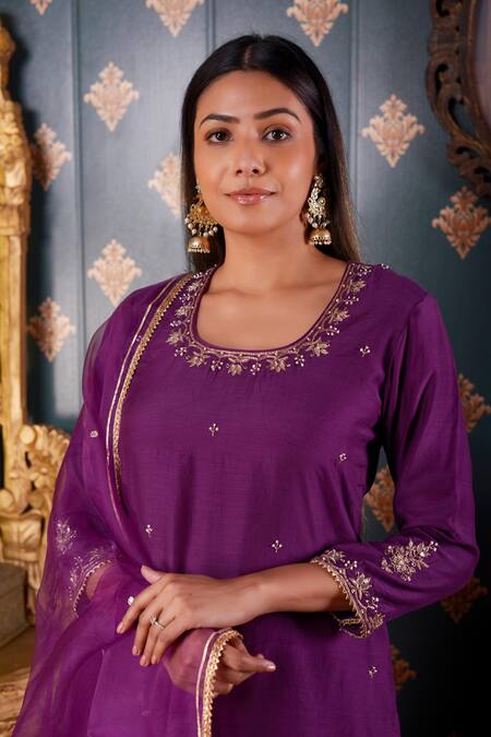 Abbaran_Purple Cotton Silk And Organza Thread & Gota Patti Square Neck Kurta Gharara Set _at_Aza_Fashions