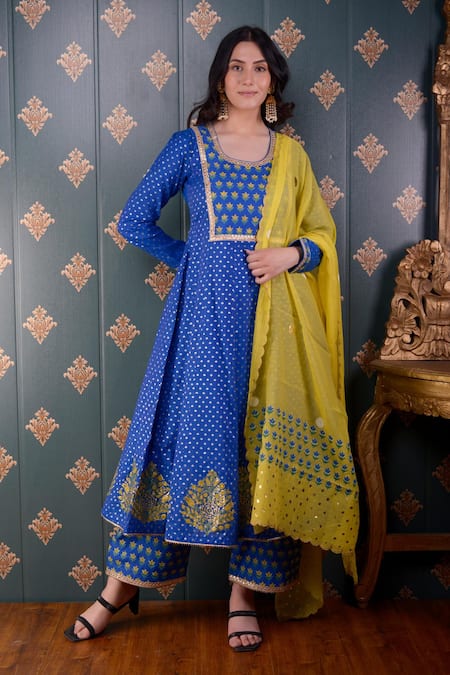 Abbaran_Blue Anarkali Banarasi , Palazzo Cotton Satin And Dupatta Set_Online_at_Aza_Fashions
