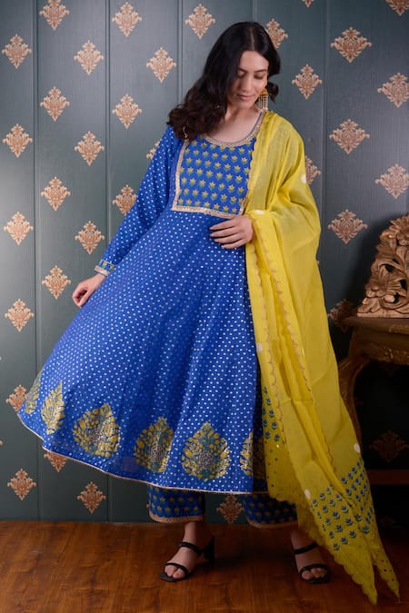 Buy_Abbaran_Blue Anarkali Banarasi , Palazzo Cotton Satin And Dupatta Set_Online_at_Aza_Fashions