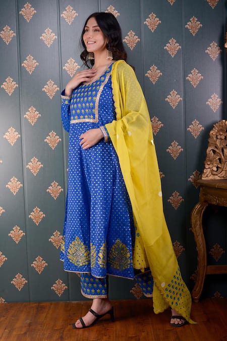 Shop_Abbaran_Blue Anarkali Banarasi , Palazzo Cotton Satin And Dupatta Set_Online_at_Aza_Fashions