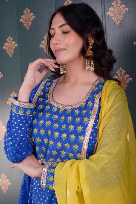 Abbaran_Blue Anarkali Banarasi , Palazzo Cotton Satin And Dupatta Set_at_Aza_Fashions