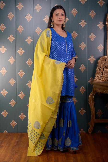 Abbaran_Blue Kurta Banarasi , Sharara Cotton Satin And Dupatta Set _Online_at_Aza_Fashions