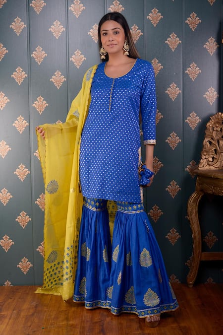 Buy_Abbaran_Blue Kurta Banarasi , Sharara Cotton Satin And Dupatta Set _Online_at_Aza_Fashions