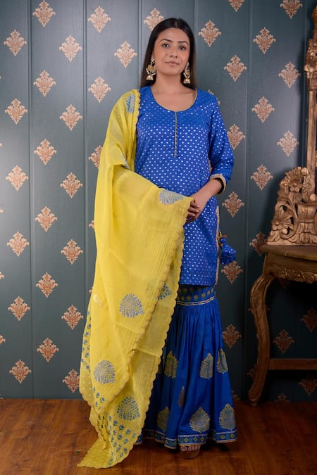 Shop_Abbaran_Blue Kurta Banarasi , Sharara Cotton Satin And Dupatta Set _Online_at_Aza_Fashions