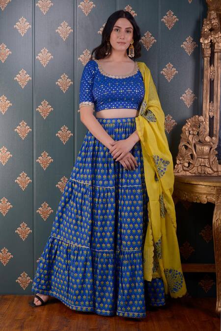 Abbaran Blue Lehenga Cotton Silk And Embroidery Block & Mirror Set 