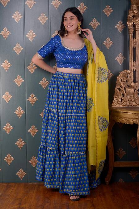 Abbaran_Blue Blouse Banarasi Chanderi And Dupatta Chanderi, Lehenga Cotton Silk Set _Online_at_Aza_Fashions