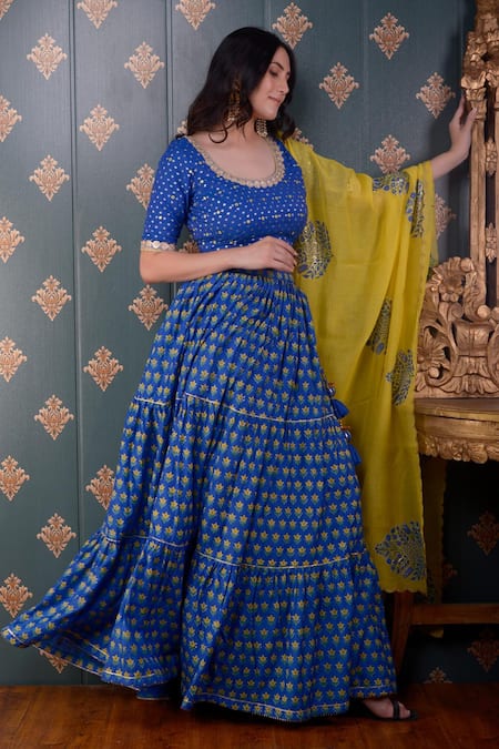 Buy_Abbaran_Blue Blouse Banarasi Chanderi And Dupatta Chanderi, Lehenga Cotton Silk Set _Online_at_Aza_Fashions