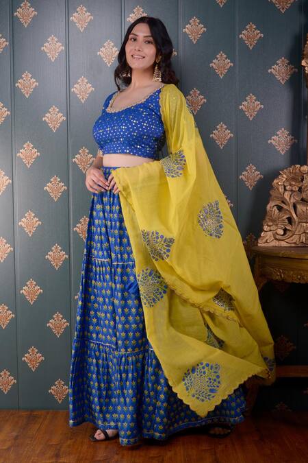 Shop_Abbaran_Blue Blouse Banarasi Chanderi And Dupatta Chanderi, Lehenga Cotton Silk Set _Online_at_Aza_Fashions