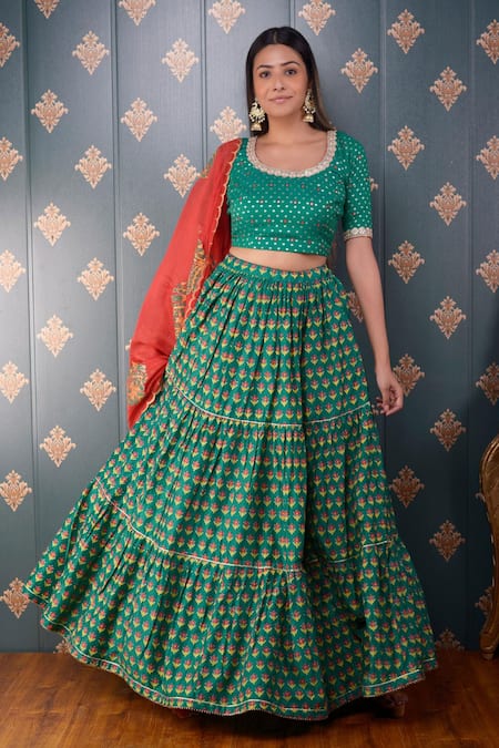 Buy_Abbaran_Green Blouse Banarasi Chanderi And Dupatta Chanderi, Lehenga Cotton Silk Set _Online_at_Aza_Fashions
