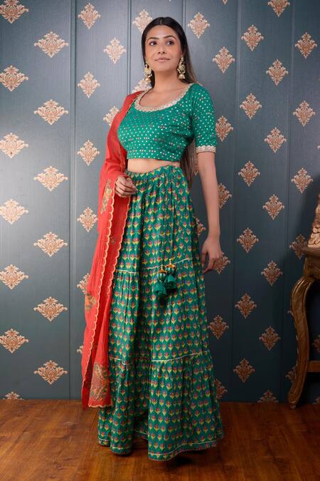 Shop_Abbaran_Green Blouse Banarasi Chanderi And Dupatta Chanderi, Lehenga Cotton Silk Set _Online_at_Aza_Fashions