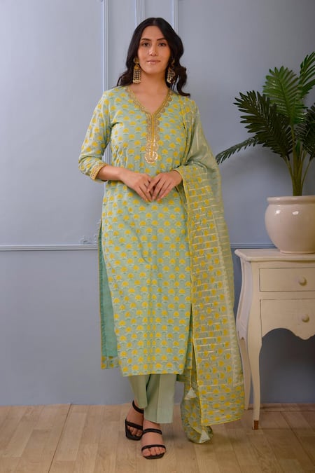 Abbaran Cotton Silk Block Print Kurta Set 