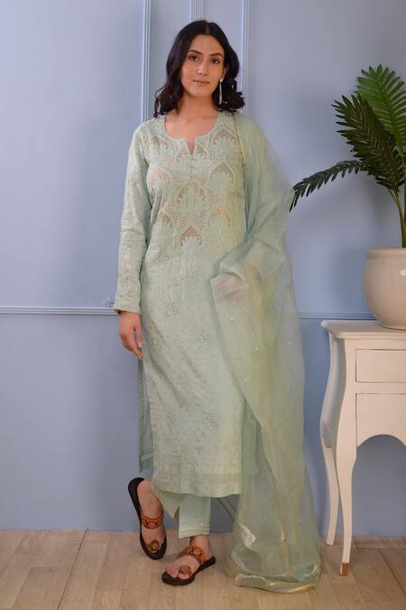 Buy Abbaran Green Kurta- Silkpant- Satindupatta- Organza Lucknowi Silk Set Online at Aza Fashions Buy_Abbaran_Green Kurta- Silkpant- Satindupatta- Organza Lucknowi Silk Set _Online_at_Aza_Fashions