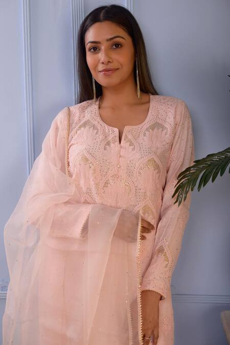 Abbaran Pink Kurta- Silkpalazzo- Satindupatta- Organza Silk Set at Aza Fashions Abbaran_Pink Kurta- Silkpalazzo- Satindupatta- Organza Silk Set _at_Aza_Fashions