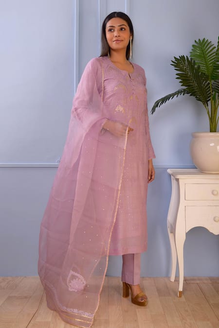 Abbaran_Purple Kurta- Silkpant- Satindupatta- Organza Lucknowi Silk Set _Online_at_Aza_Fashions