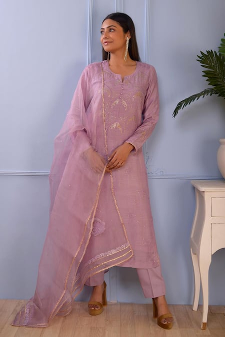 Buy_Abbaran_Purple Kurta- Silkpant- Satindupatta- Organza Lucknowi Silk Set _Online_at_Aza_Fashions