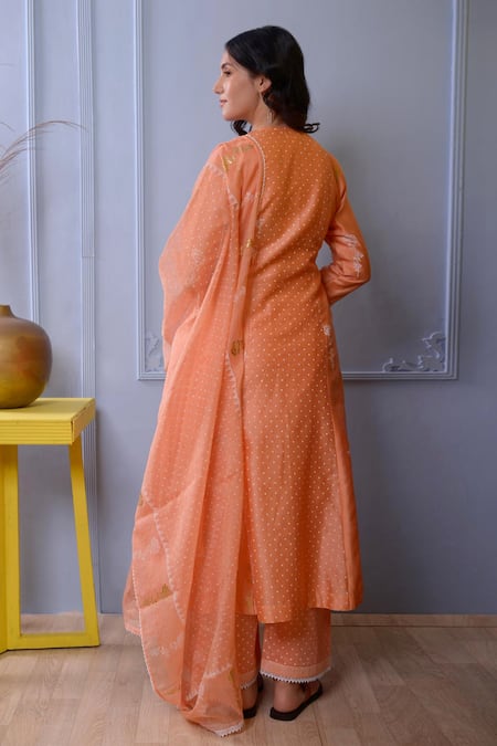 Shop_Abbaran_Peach Anarkali And Dupatta Chanderipalazzo- Cotton Satin Chanderi Palazzo Set _at_Aza_Fashions