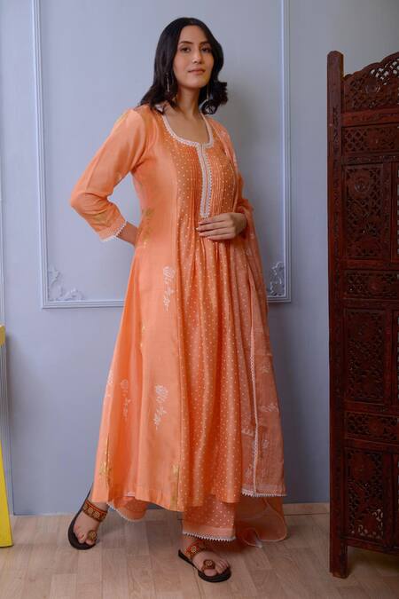 Abbaran_Peach Anarkali And Dupatta Chanderipalazzo- Cotton Satin Chanderi Palazzo Set _Online_at_Aza_Fashions