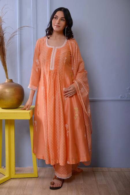 Shop_Abbaran_Peach Anarkali And Dupatta Chanderipalazzo- Cotton Satin Chanderi Palazzo Set _Online_at_Aza_Fashions