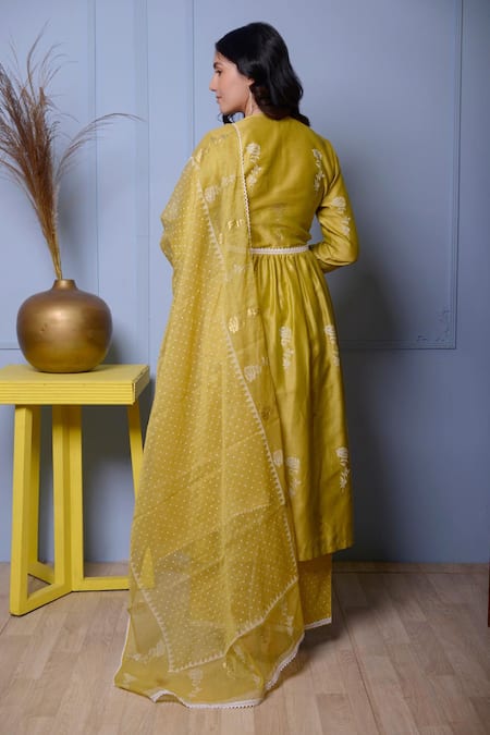 Shop_Abbaran_Green Kurta And Dupatta Chanderipalazzo- Cotton Chanderi Gathered Palazzo Set _at_Aza_Fashions