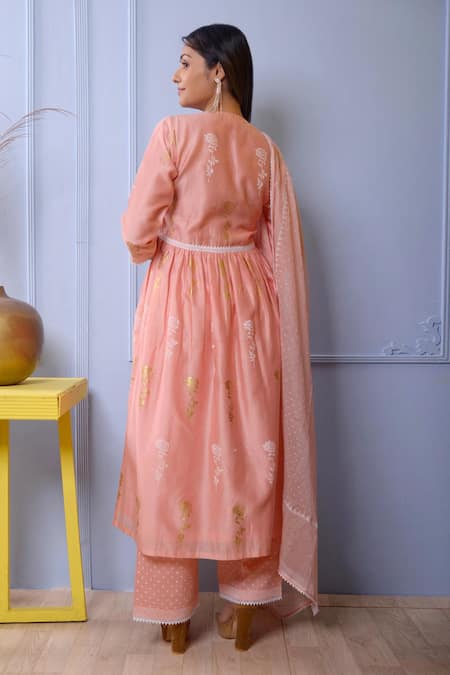 Shop_Abbaran_Pink Kurta And Dupatta Chanderipalazzo- Cotton Chanderi Gathered Palazzo Set _at_Aza_Fashions