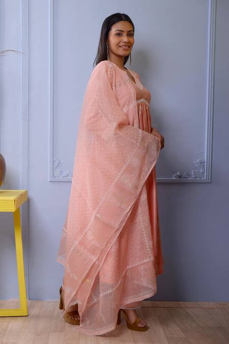 Abbaran_Pink Kurta And Dupatta Chanderipalazzo- Cotton Chanderi Gathered Palazzo Set _Online_at_Aza_Fashions
