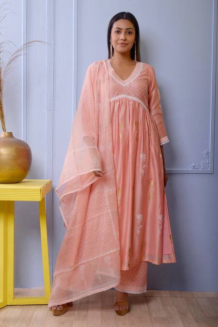 Buy_Abbaran_Pink Kurta And Dupatta Chanderipalazzo- Cotton Chanderi Gathered Palazzo Set _Online_at_Aza_Fashions